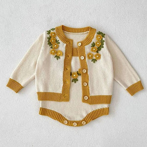 Autumn Winter Infant Baby Girl Knitting Clothes Set Long Sleeved Knitted Embroidery Cardigan+Jumpsuit Newborn Baby Clothing Suit