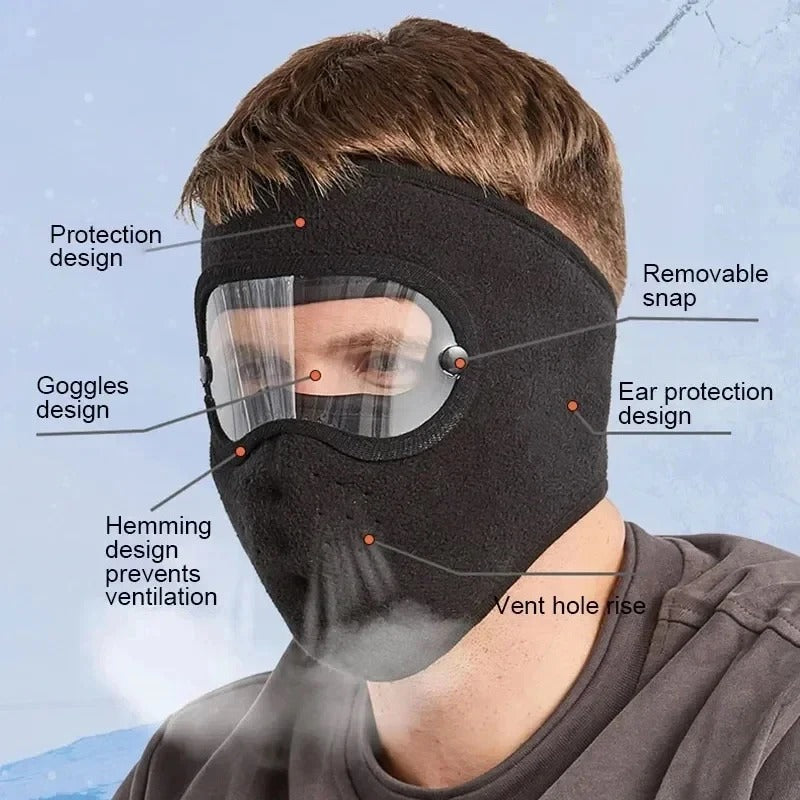 1x Winter Cycling Full Face Mask With Antifog Goggles Earflaps Windproof Unisex Skiing Outdoor Sports Facial Warmer Breathable